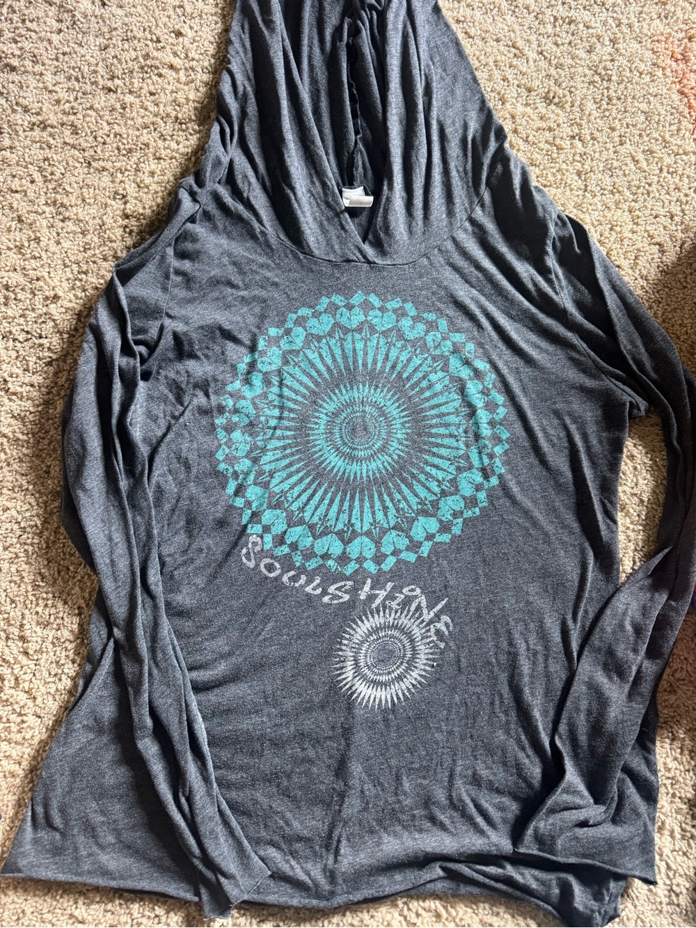 Soul Flower Charcoal Hooded Top with Teal Mandala Print